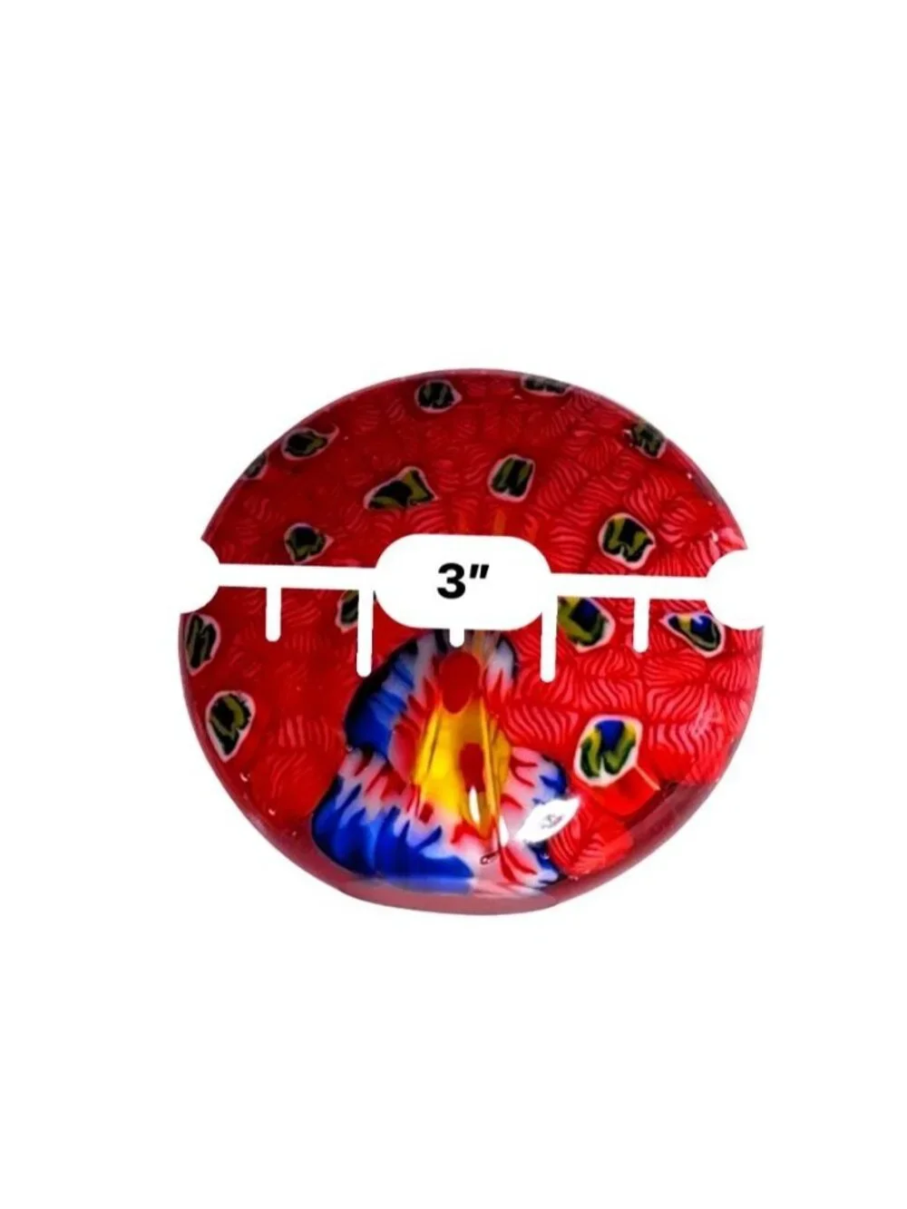Art Glass Peacock Paperweights Red/White Multicolor Millefiori Design Set of 2
